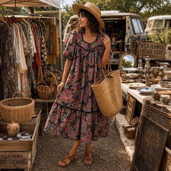 Starina Dresses & Skirts - Starina Vintage Floral Midi Dress Womens Medium Cotton Lace Trim Pockets Boho